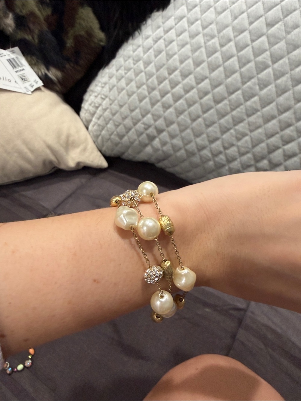 Gold-Tone Pearl & Crystal Bead Triple-Row Bracelet